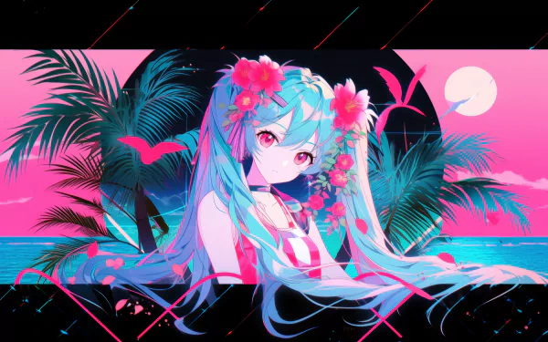 HD desktop wallpaper featuring a vaporwave-inspired anime girl with blue hair and floral decorations, set against a vivid pink and blue tropical backdrop.
