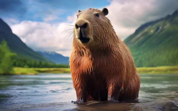 HD wallpaper of a capybara standing in a clear river with picturesque mountains in the background.