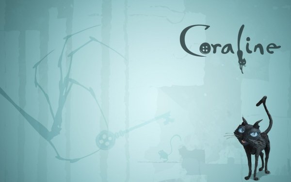 HD Coraline themed desktop wallpaper featuring stylized title and cat silhouette on a blue background.