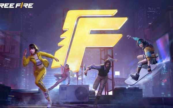 HD wallpaper of Garena Free Fire characters in action with logo for desktop background.
