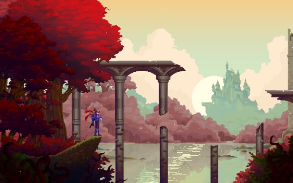Pixel art HD wallpaper featuring an idyllic landscape with red foliage, serene water, classical ruins, and a distant castle.