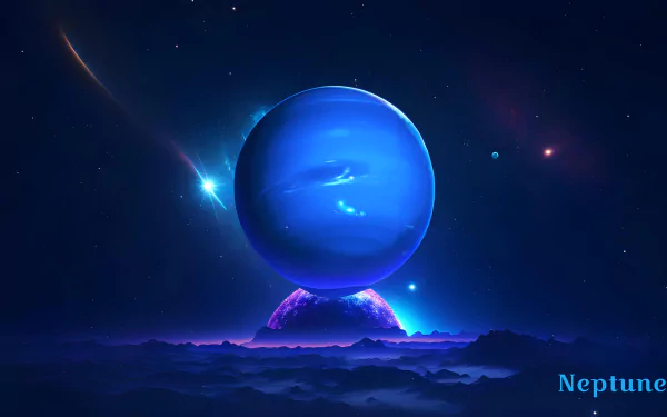 A stunning HD desktop wallpaper featuring a mystical Sci-Fi depiction of the planet Neptune in space.