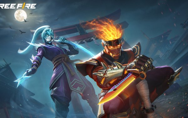 Garena Free Fire HD wallpaper featuring characters with dynamic poses and stylish outfits under a night sky.