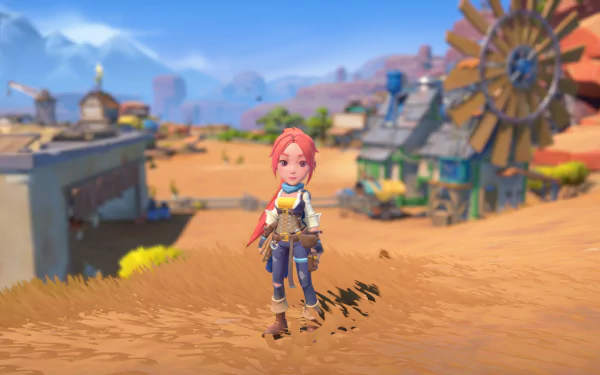 HD wallpaper of a character from 'My Time at Sandrock' game, featuring a vibrant desert backdrop with a windmill.