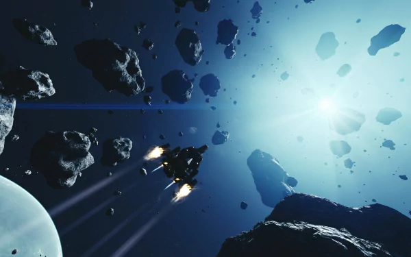 HD wallpaper featuring a starfield with asteroids and a spaceship exploring, great for desktop background.