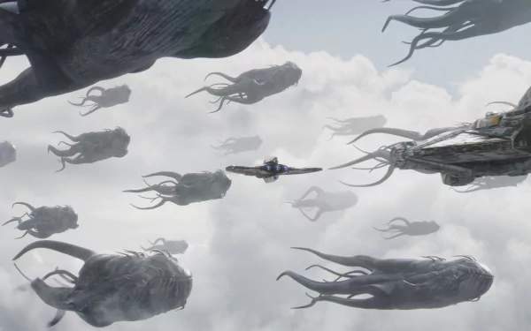 HD wallpaper featuring an ethereal scene with a spaceship flying amidst giant floating whale-like creatures in a cloudy sky, inspired by Ahsoka's adventures.