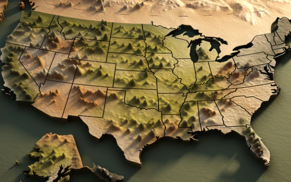 3D topographic map of the USA as a desktop wallpaper, depicting states with relief and textures.