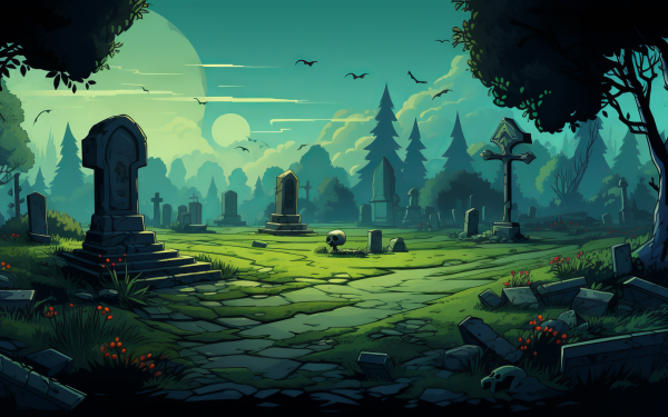HD Halloween Cemetery Wallpaper with Tombs and Graveyard Scene for Desktop Background.