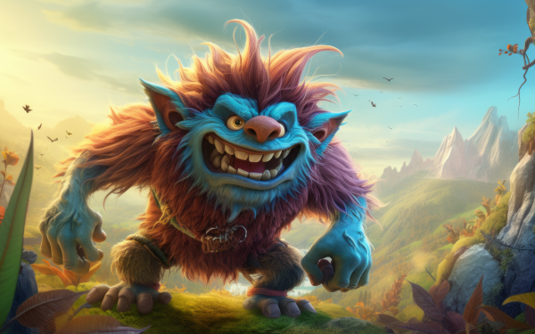 HD desktop wallpaper featuring a colorful, friendly-looking animated troll creature in a vibrant fantasy landscape.