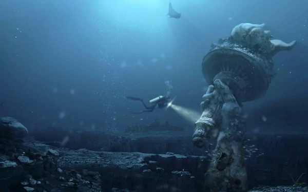 A diver explores an underwater, post-apocalyptic landscape featuring a submerged statue resembling the Statue of Liberty, surrounded by ocean life and ethereal light.