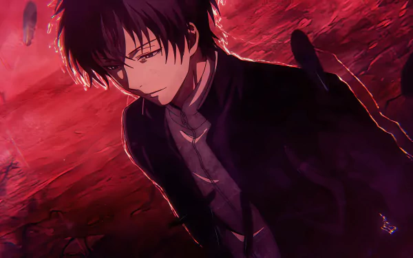 HD desktop wallpaper featuring Yuuichi Katakiri from the dark anime Tomodachi Game, with a brooding red aesthetic.