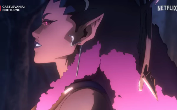 HD desktop wallpaper featuring a side profile of a character from Castlevania: Nocturne, highlighted with vibrant shades and dramatic lighting, with the Netflix logo in the corner.
