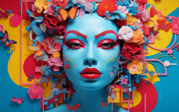 Vibrant Y2K-inspired artistic HD wallpaper featuring a stylized female figure with red facial paint and a crown of colorful flowers and butterflies against a bold blue and yellow background.