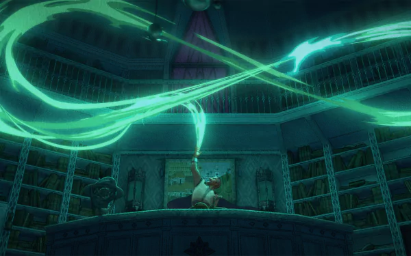 HD desktop wallpaper from Wish (2023) featuring a magical library scene with swirling green lights.