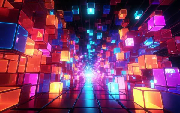 HD desktop wallpaper featuring a vibrant, futuristic tunnel of glowing abstract cubes in vivid colors.