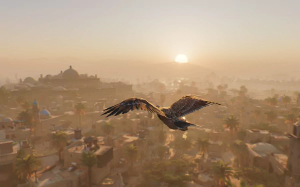 A stunning HD wallpaper from Assassin's Creed Mirage, featuring a soaring eagle above a vibrant cityscape at sunrise, capturing the essence of adventure and exploration.