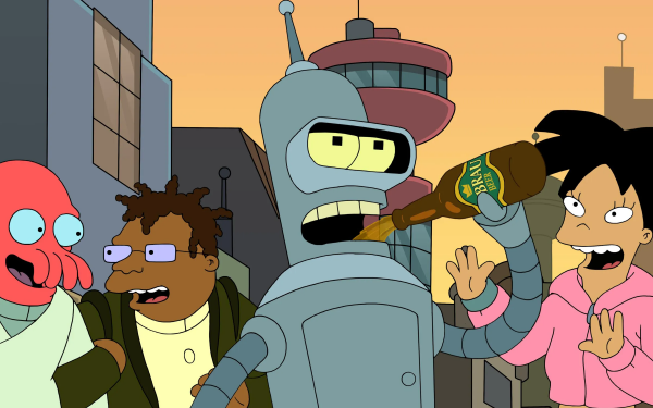 HD wallpaper of Bender holding a bottle with Zoidberg, Hermes Conrad, and Amy Wong from Futurama cartoon series.