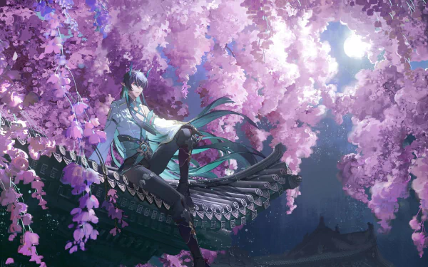HD PC desktop wallpaper featuring Dan Heng from the video game Honkai: Star Rail, surrounded by vibrant pink cherry blossoms under a glowing moonlit sky.