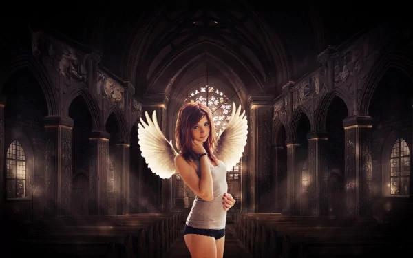 A captivating HD wallpaper featuring a cute angel in a fantasy setting, showcasing divine wings against a beautifully illuminated gothic interior.