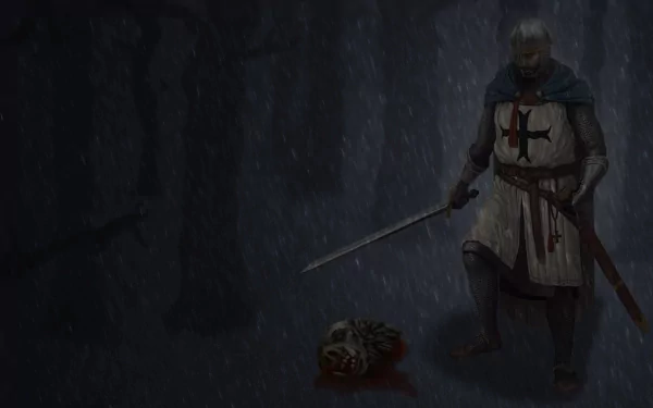 HD PC desktop wallpaper from the video game Kingdom Under Fire featuring a knight in dark, rainy surroundings standing over a bloodied severed head.