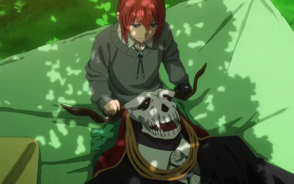 HD desktop wallpaper featuring Chise Hatori and Elias Ainsworth from the anime The Ancient Magus' Bride, set against a vibrant green background.