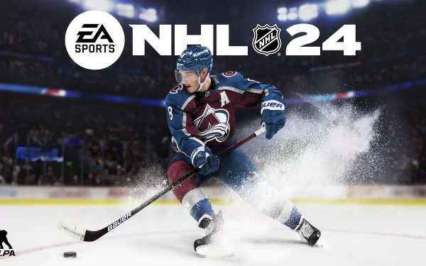 HD EA Sports NHL 24 desktop wallpaper featuring a dynamic ice hockey player in action with ice shards flying around, set against an atmospheric arena background.
