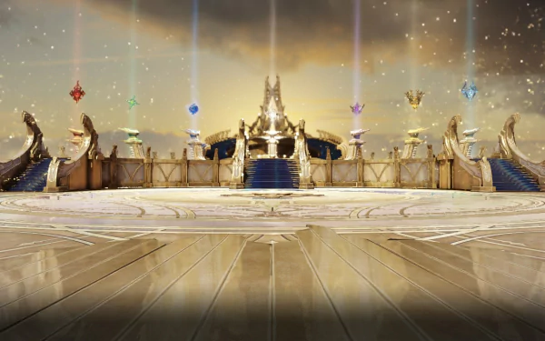 HD desktop wallpaper of a grand temple from the video game Lost Ark, featuring shining beams of light and majestic architecture.