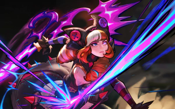 HD desktop wallpaper of Gwen from League of Legends and Legends of Runeterra, depicted in dynamic combat with glowing, mystical scissors and vibrant energy beams.