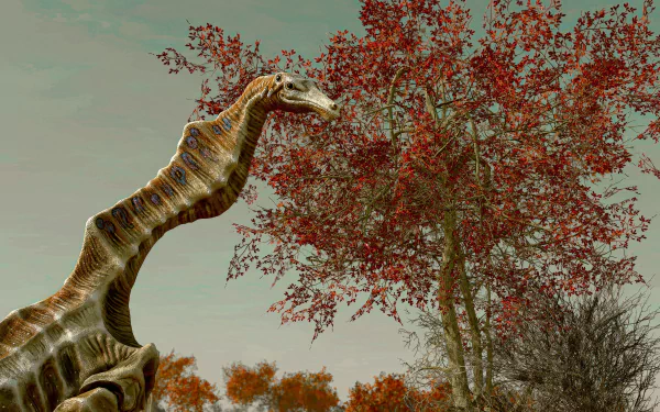 A stunning HD desktop wallpaper from the video game Starfield, featuring an imaginative creature resembling a giraffe against a backdrop of vibrant red foliage.