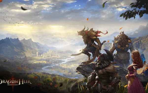 HD desktop wallpaper featuring fantasy artwork from Dragonheir: Silent Gods, showcasing characters in a mythical landscape with a distant city view.