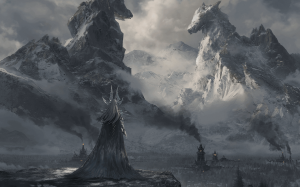 HD wallpaper of Dragonheir: Silent Gods featuring a mystical figure in a cloak before towering snow-capped mountains, creating an epic fantasy background.