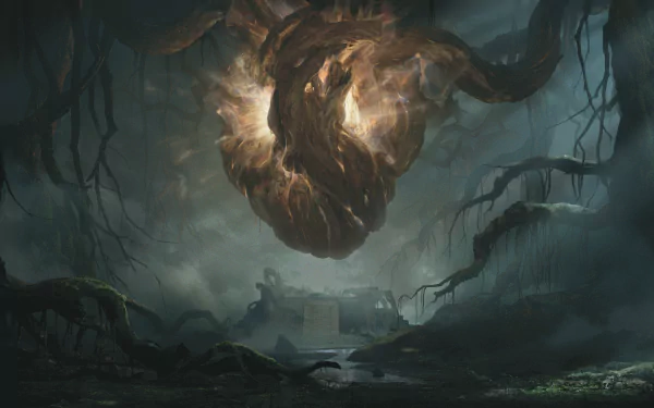 HD wallpaper of Dragonheir: Silent Gods featuring a mysterious fiery orb above an ancient temple in a dark forest.