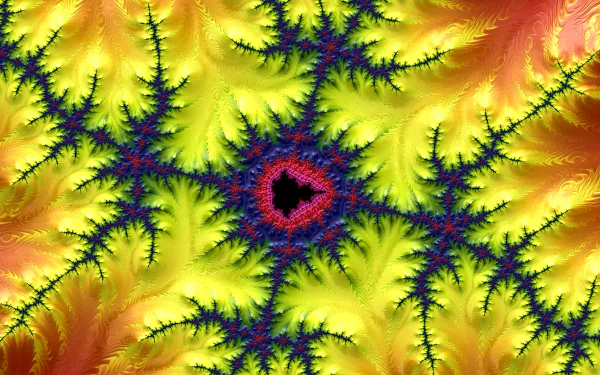 Vibrant abstract fractal in vivid yellow, green, blue and magenta spiraling from a central black star; colorful 8K Ultra HD PC desktop wallpaper and background.