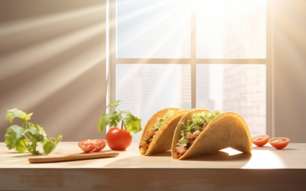 HD desktop wallpaper of delicious tacos on a wooden table bathed in sunbeam with fresh ingredients nearby.