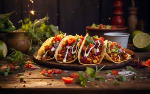 HD wallpaper featuring a mouth-watering array of tacos with fresh toppings on a rustic wooden table, perfect for a food-themed desktop background.