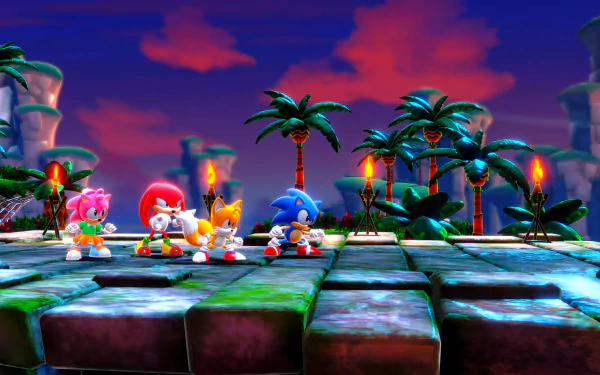 HD Sonic Superstars desktop wallpaper featuring Sonic the Hedgehog with friends Knuckles, Tails, and Amy in a vibrant video game scene with tropical palm trees and fiery torches.