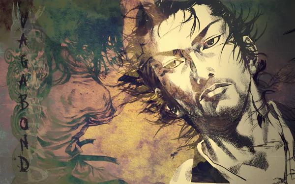 HD desktop wallpaper featuring the stylized portrait of Miyamoto Musashi from the manga Vagabond with a grunge artistic background and the title text 'VAGABOND'.