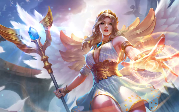 HD wallpaper of Rafaela from Mobile Legends: Bang Bang, depicted with angelic wings and a glowing staff, set against a dynamic celestial backdrop.