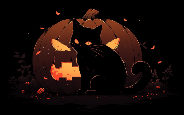 HD Halloween desktop wallpaper featuring a black cat with glowing eyes sitting in front of a carved pumpkin, surrounded by autumn leaves.