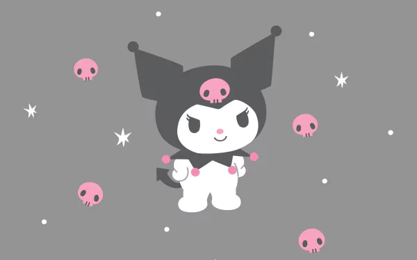 HD desktop wallpaper of Kuromi from Onegai My Melody, featuring the character in a black costume with pink accents, surrounded by pink skulls and stars on a gray background.