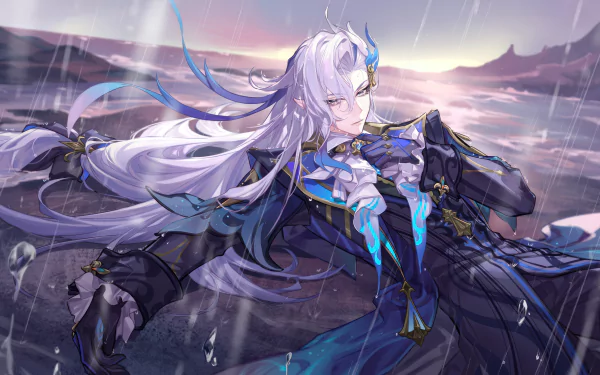 A stunning HD desktop wallpaper featuring Neuvillette from Genshin Impact, showcasing his elegant design and dramatic pose against a mystical landscape.