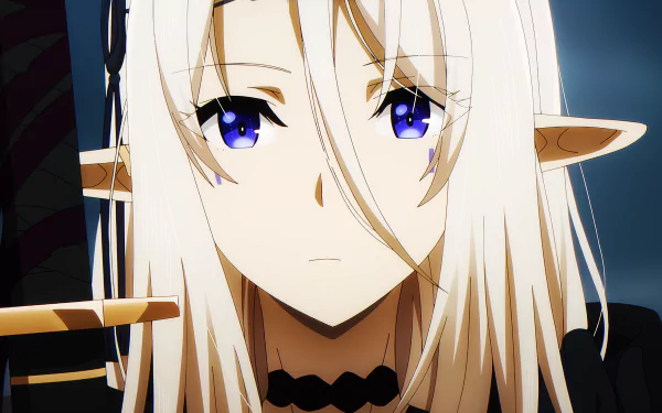 Anime The Eminence in Shadow 8K Ultra HD PC desktop wallpaper: close-up of pale elf-like girl with long white hair, violet eyes, black choker and a calm, distant expression.