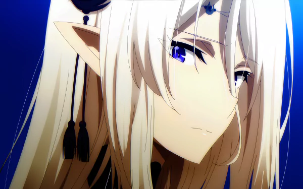 Anime close-up of Beatrix (The Eminence in Shadow): long white hair, elf-like ears and vivid blue eyes against a deep blue background, 5K Ultra HD PC desktop wallpaper