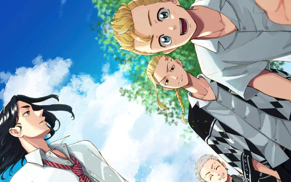 HD desktop wallpaper featuring animated characters from Tokyo Revengers, including Takemichi Hanagaki and Ken Ryuguji, with a vibrant blue sky in the background.