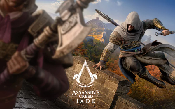 HD desktop wallpaper of Assassin's Creed Jade featuring dynamic character action in a scenic backdrop.