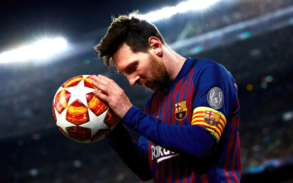 HD desktop wallpaper featuring a soccer player from FC Barcelona holding a football, with a stadium in the background, tagged with Lionel Messi.