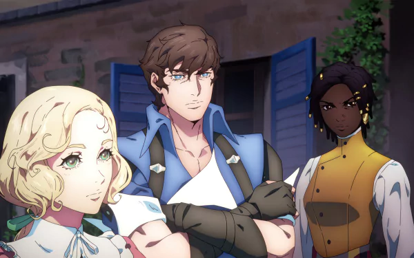 HD wallpaper of Richter Belmont, Maria Renard, and another character from Castlevania: Nocturne, posing heroically with a rustic backdrop.