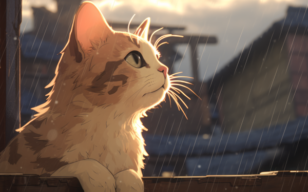 Animal Cat Rain Lofi Anime HD Wallpaper | Background Image