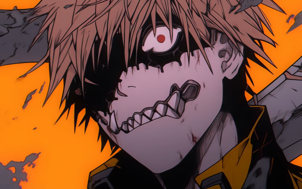 HD wallpaper featuring Denji from Chainsaw Man with his characteristic chainsaw blade teeth, intense expression, and vibrant orange backdrop perfect for desktop and background use.