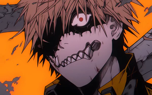 High-definition wallpaper featuring Denji from Chainsaw Man, showcasing a striking image of his character with an intense expression against a vibrant orange background.
